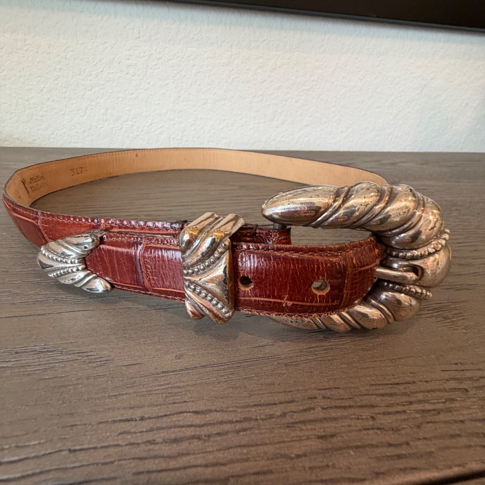 Emmon Belts Brown Italian Calfskin Croc‎ Embossed Western Belt Silver Buckle M